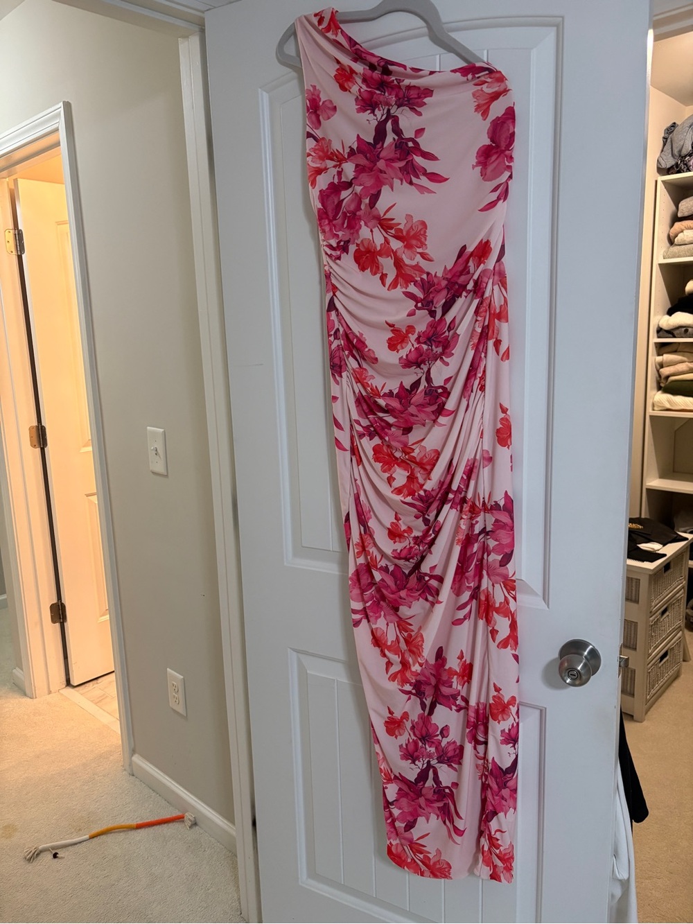 Club L London Pink Floral One-Shoulder Draped Dress